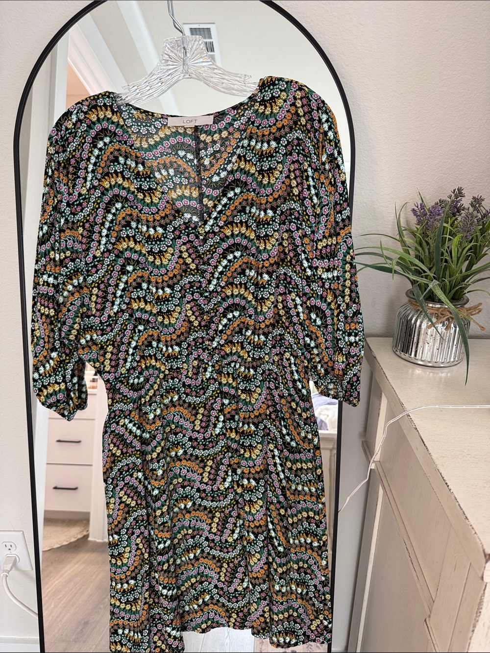 LOFT Black Floral Wave-Print Midi Dress with Pink, Yellow & Blue Accents